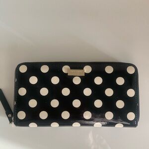 KATE SPADE Polka Dot WALLET-FULL SIZE-ZIP AROUND - PATENT LEATHER -BLACK & WHITE